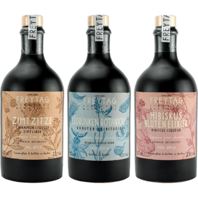 Freytagsgenuss - 3x Craft Spirits and Liqueur (1x Cinnamon Liqueur + 1x Botanical Infused Grain + 1x Hibiscus Liqueur)