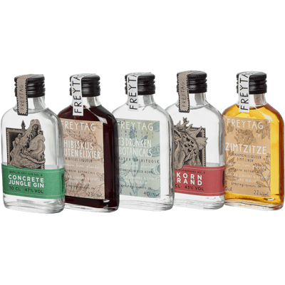The ultimate set from FREYTAG Liqueurs & Spirits (1x Gin + 1x Hibiscus Liqueur + 1x Botanical Infused Korn + 1x 3 Korn Brandy + 1x Cinnamon Liqueur)