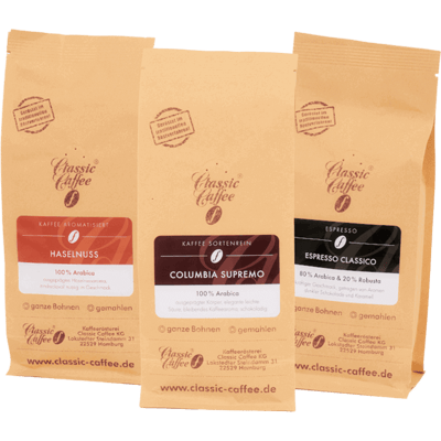 Kaffee Mix Probierpaket (Haselnuss + Columbia Supremo + Espresso Classico)