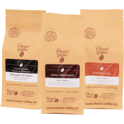 Kaffee Mix Probierpaket (Schoko-Chili + Kenia Perlbohne + Italienischer Premium Espresso)