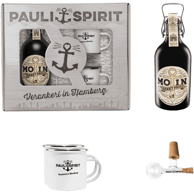 MOIN Rum (Spiced Spirit) gift set with 2 enamel mugs & pourer