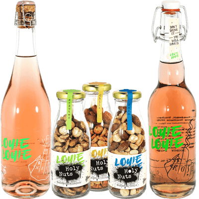 Louie Louie Silvester-Paket rosé (6x Roséwein + 6x Rosésekt + 6x Holy Nuts + 6 Gläser)