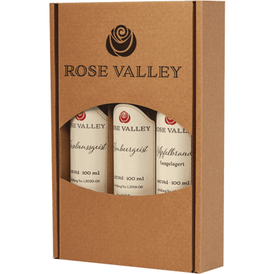 Rose Valley tasting box - fruit brandies & liqueur (1x Wahlsche Schnapsbirne + 1x cocoa liqueur + 1x quince brandy)