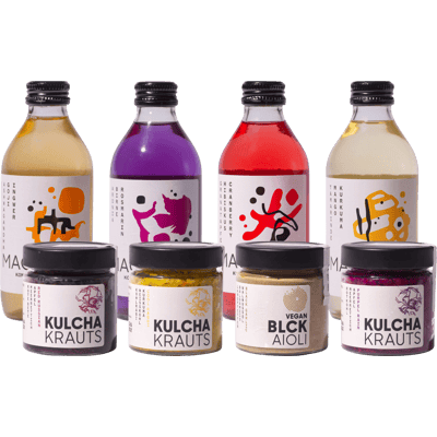 KulchaBox Starter Package (4x Organic Kobucha Different Varieties + 3x Fermented Vegetables + 1x Black Aioli)