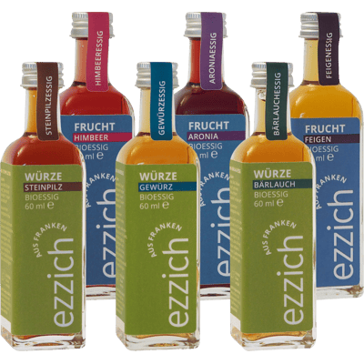 ezzich 6er Kistla - vinegar tasting package (1x chokeberry vinegar + 1x raspberry vinegar + 1x fig vinegar + 1x wild garlic vinegar + 1x spice vinegar + 1x porcini vinegar)