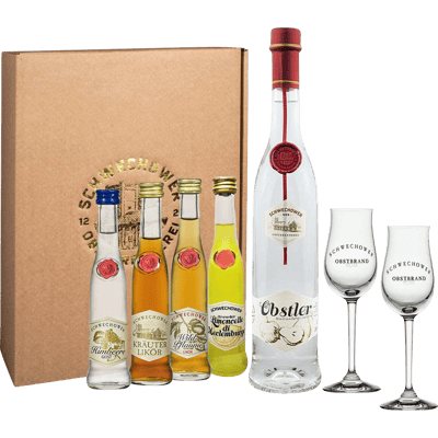 Schwechower Obstler gift set with glasses (2x brandies + 3x liqueur + 2 flavored glasses)