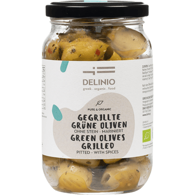 Grilled organic green olives marinated
