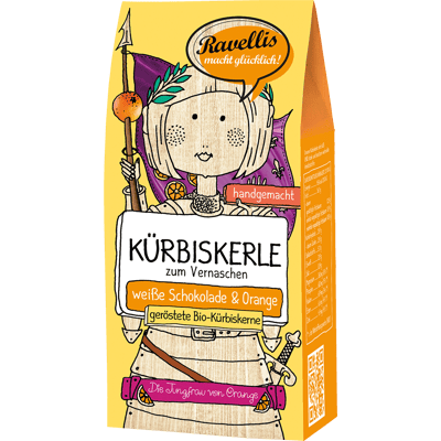 Ravellis Kürbiskerle - Die Jungfrau von Orange - Bio-Kürbiskerne mit weißer Schokolade & Orange