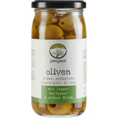 Premium Chalkidiki olives in ginger, coriander & green mint marinade