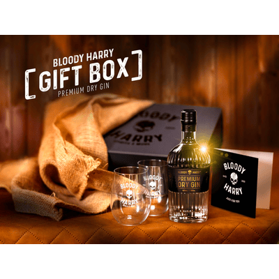 BLOODY HARRY Premium Dry Gin - Geschenk Box (1x Gin + 2 Gläser)