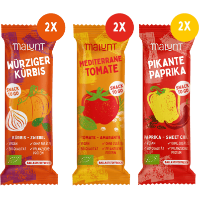 Malunt 6-pack tasting box (2x tomato bars + 2x bell pepper bars + 2x pumpkin bars)