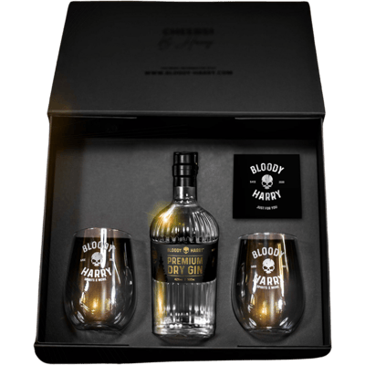 BLOODY HARRY Premium Dry Gin - Gift Box (1x Gin + 2 glasses)