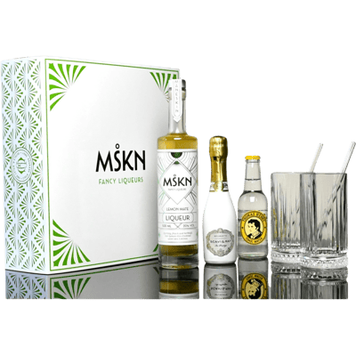 MSKN Fancy Liqueurs Lemon Mate Premium Gift Set (1x Lemon Mate Liqueur + 1x Prosecco + 1x Tonic Water + 2x Longdrink Glasses and Straws)