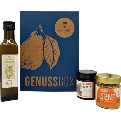 Genussbox Salatadressing-Set Bio (1x Olivenöl + 1x Fruchtiger Senf + 1x  Johannisbeere Fruchtaufstrich)