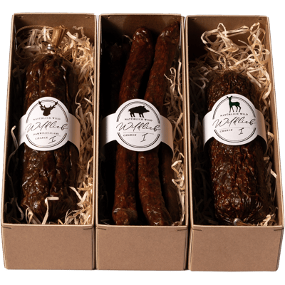 The Wild Three tasting package (1x fallow deer salami + 1x fennel deer salami + 1x wild boar cracker)