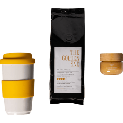 Golden Breakfast Set (1x organic honey + 1x honey spoon + 1x espresso + 1x drinking cup)