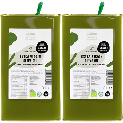 DELINIO Manaki Olivenöl Vorratspaket (2x Bio Olivenöl Kanister + 2x Oliven GRATIS)