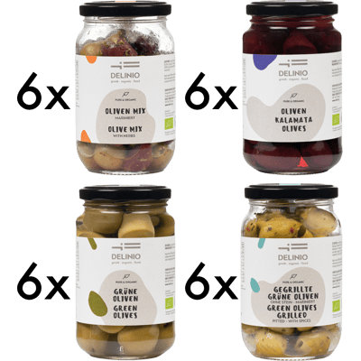 XXXXL Organic Olives Package - (6x Green Olives + 6x Kalamata Olives + 6x Olive Mix + 6x Grilled Green Olives)