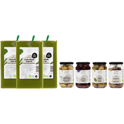 DELINIO Manaki olive oil storage pack (3x organic olive oil 3l + 4x olives FREE)