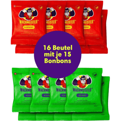 Wachmeister 8 plus 8 Office Vorteils-Paket (8x Raspberry Koffein Mate Bonbons + 8x Ice Mint Koffein Mate Bonbons)