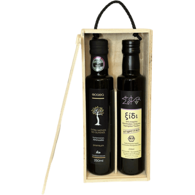 Biogea Olivenöl Geschenk Box aus Holz (1x Olivenöl + 1x Traubenessig)