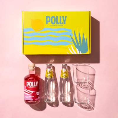 POLLY Pink G+T Set (1x alcohol-free pink gin alternative + 2x tonic water + 2x glasses + 1x recipe book)