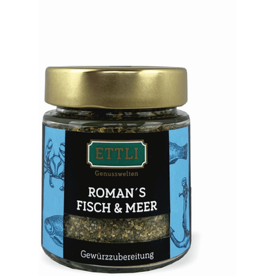 Roman's fish & sea spice preparation in a screw-top jar