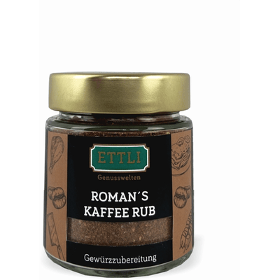 Roman's coffee rub spice preparation in a screw-top jar