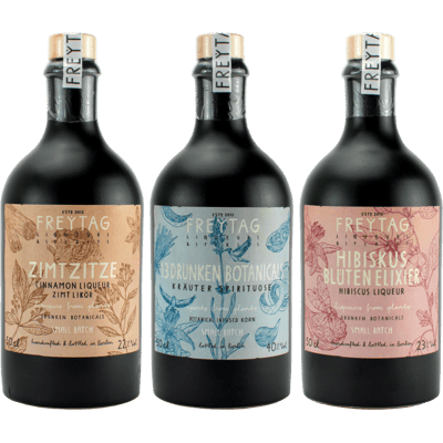 Freytagsgenuss - 3x Craft Spirituosen und Likör (1x Zimtlikör + 1x Botanical Infused Korn + 1x Hibiskuslikör)