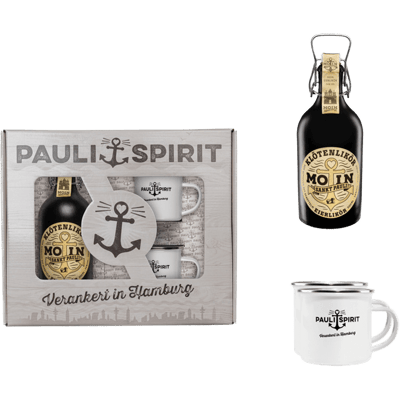 Geschenkset MOIN Klötenlikör Eierlikör mit 2 Emaille Bechern