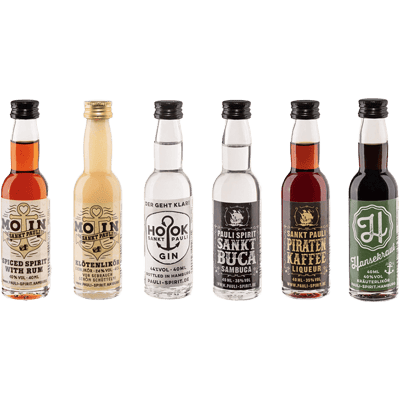 Lütten-Probierset "Pauli Spirit" von der Reeperbahn (Rum + Gin + Eierlikör + Kräuterlikör + Anis-Kaffeelikör + Sambuca)