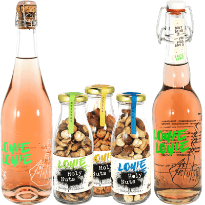 Louie Louie New Year's Eve rosé package (6x rosé wine + 6x rosé sparkling wine + 6x Holy Nuts + 6 glasses)