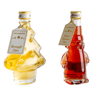 Baked apple liqueur in a Christmas tree bottle