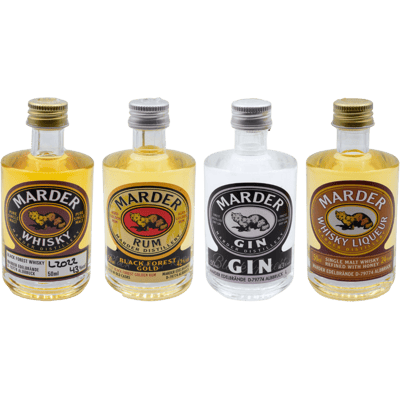 Marder Mini Set - Probierpaket (1x Gin  + 1x Rum +1x Whiskylikör + 1x Whisky)