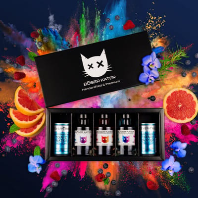 Böser Kater - 3er Color Change Gin Tasting Set Box (1x Magic Berry Gin + 1x Magic Grapefruit Gin + 1x Two Faced Gin + 2x Fever-Tree Mediterranian Tonic Water)