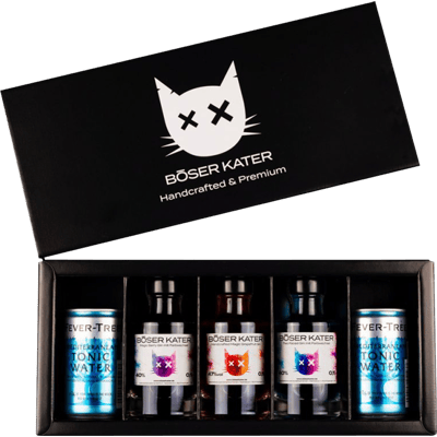 Böser Kater - 3er Color Change Gin Tasting Set Box (1x Magic Berry Gin + 1x Magic Grapefruit Gin + 1x Two Faced Gin + 2x Fever-Tree Mediterranian Tonic Water)