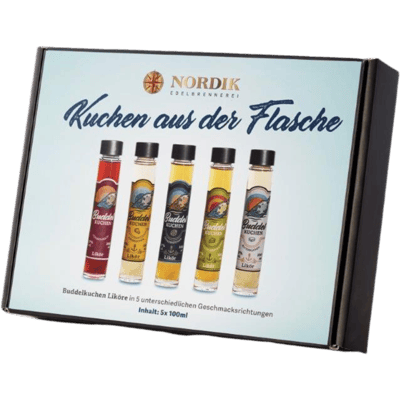 Buddelkuchen Probierpaket (1x Käsekuchen Likör + 1x Franzbrötchen Likör + 1x Apfelkuchen Likör + 1x Nussecken- Likör + 1x Schoko-Kirschkuchen Likör)