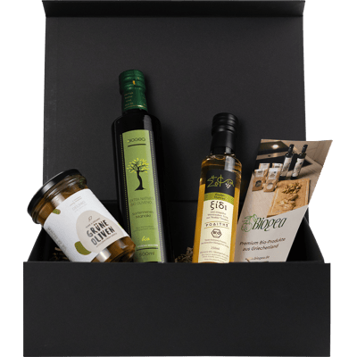 Biogea Geschenkkorb Greek Salad (1x Olivenöl + 1x Thymianessig + 1x Grüne Oliven)