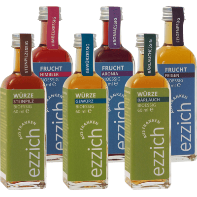 ezzich 6er Kistla - Vinegar tasting package (1x chokeberry vinegar + 1x raspberry vinegar + 1x fig vinegar + 1x wild garlic vinegar + 1x spice vinegar + 1x tomato vinegar)