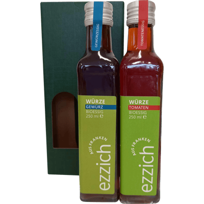 ezzich Set WÜRZE - Bio Essig Probierpaket (1x Tomatenessig + 1x Gewürzessig)