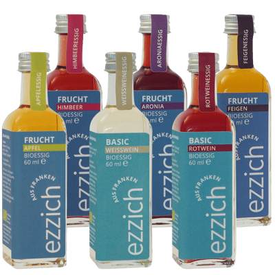 ezzich 6er Obst Kistla - Vinegar tasting package (1x chokeberry vinegar + 1x raspberry vinegar + 1x fig vinegar + 1x apple vinegar + 1x white wine vinegar + 1x red wine vinegar)