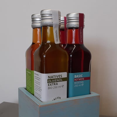 ezzich Schublade groß - Bio Essig Probierpaket (1x Himbeeressig + 1x Rotweinessig + 1x Gewürzessig + 1x Olivenöl)