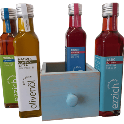 ezzich Schublade groß - Bio Essig Probierpaket (1x Himbeeressig + 1x Rotweinessig + 1x Gewürzessig + 1x Olivenöl)