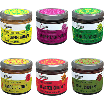 BySusann 6er Tasting Chutney Set 2 - Lemon, Fig-Plum, Fig-Olive, Mango, Tomato & Apple