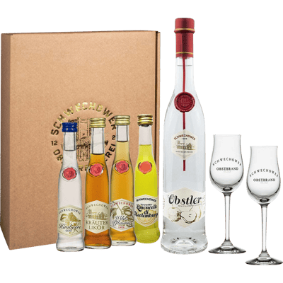 Schwechower Obstler Geschenkset mit Gläsern (2x Brände + 3x Likör + 2 Aromagläser)