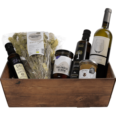 Biogea Geschenkkorb Olymp (1x Olivenöl + 1x Rotweinessig + 1x Bergtee+ 1x Oliven + 1x Honig + 1x Weißwein)