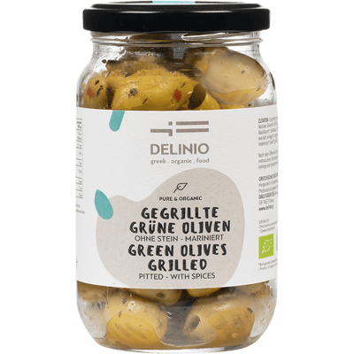 Gegrillte grüne Bio Oliven mariniert