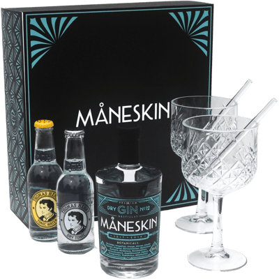 MÅNESKIN Gin Geschenkbox - Tasting Set (1x Dry Gin + 2x Tonic Water + 2x Kelchgläser + 2x Glas-Strohhalme