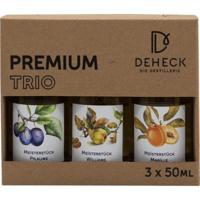 Deheck Spirituosen Meisterstücke Trio (1x Pflaumen Schnaps + 1x Williams Schnaps + 1x Marillen Schnaps)
