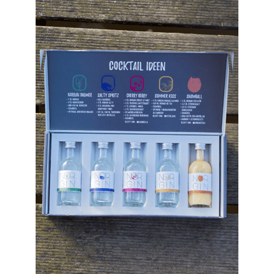 NORGIN Probierbox (1x London Dry Gin + 1x Cherry & Mint Gin + 1x Orange & Almond Gin + 1x Salty Gin + 1x Eierlikör)